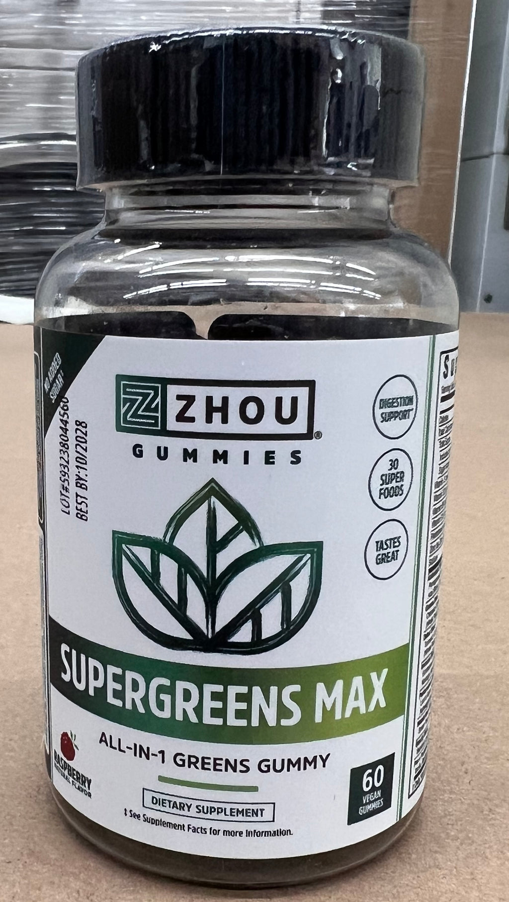 ZHOU Supergreens Max Raspberry Vegan Gummies – Daily Greens Supplement – 60 Gummies