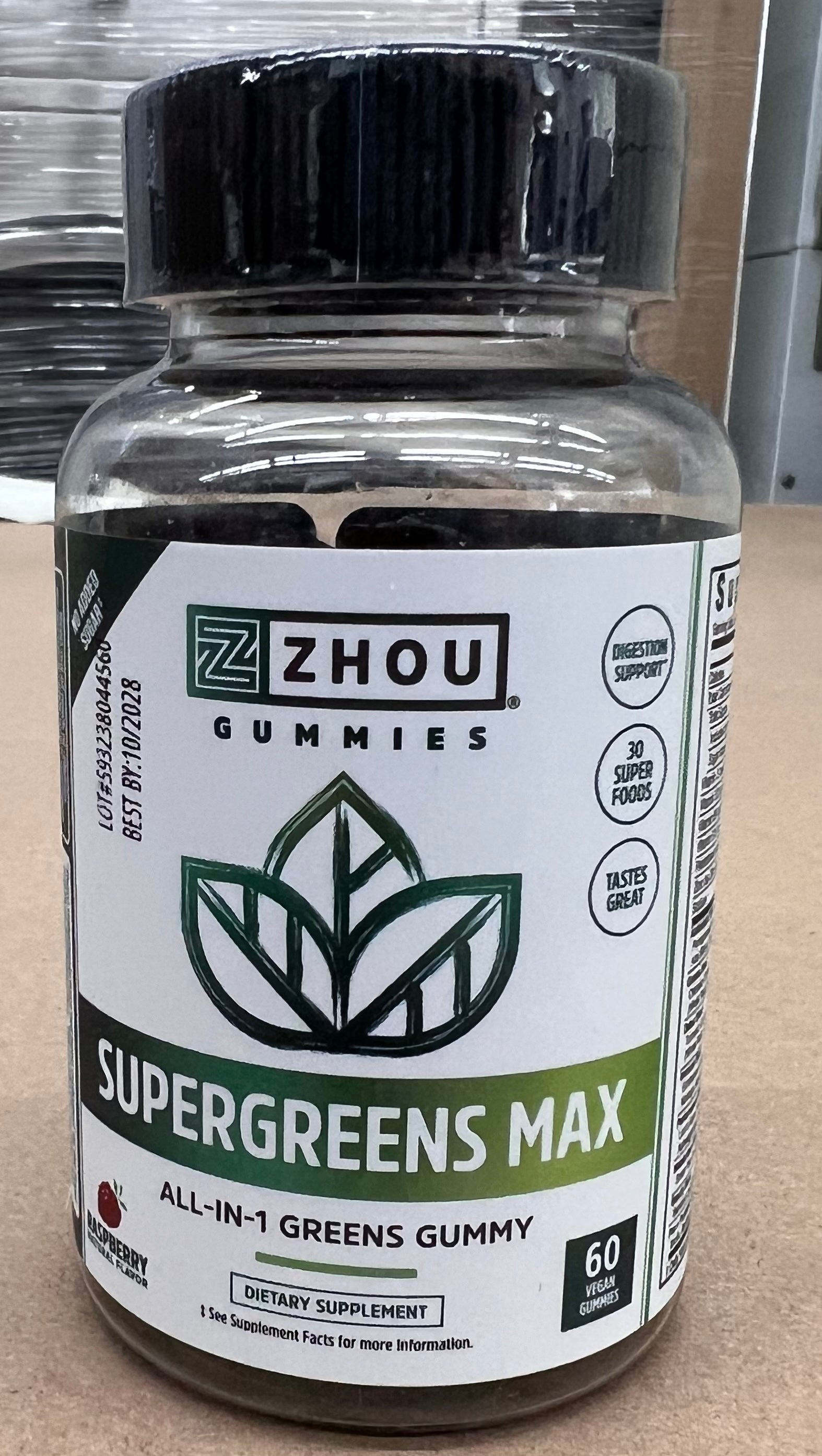 ZHOU Supergreens Max Raspberry Vegan Gummies – Daily Greens Supplement – 60 Gummies