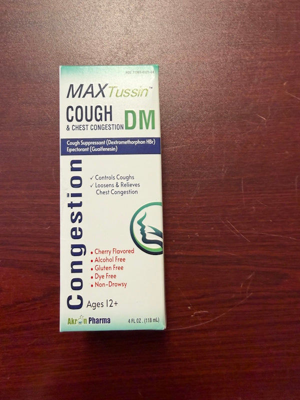 MAXTussin Cough and Chest Congestion DM Syrup Cherry Flavor 4 fl oz (1 Box)